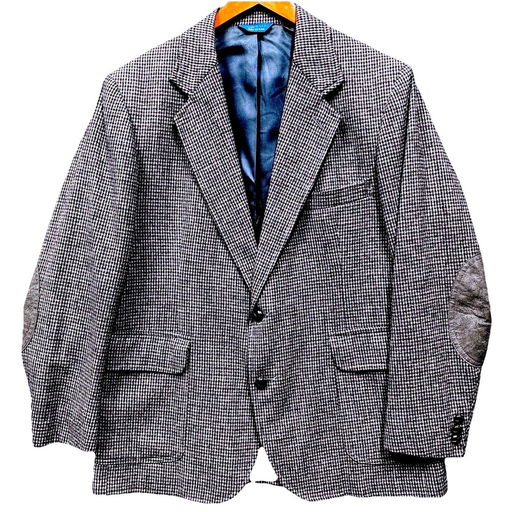 Pendleton Mens Vintage Wool Houndstooth Blazer Elbow Patches Grey Size 42‎